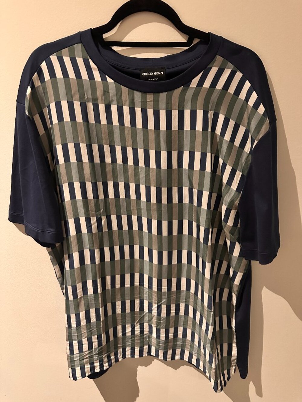 GIORGIO ARMANI Black Label Geometric Check T-Shirt Navy - Men's XL / 54